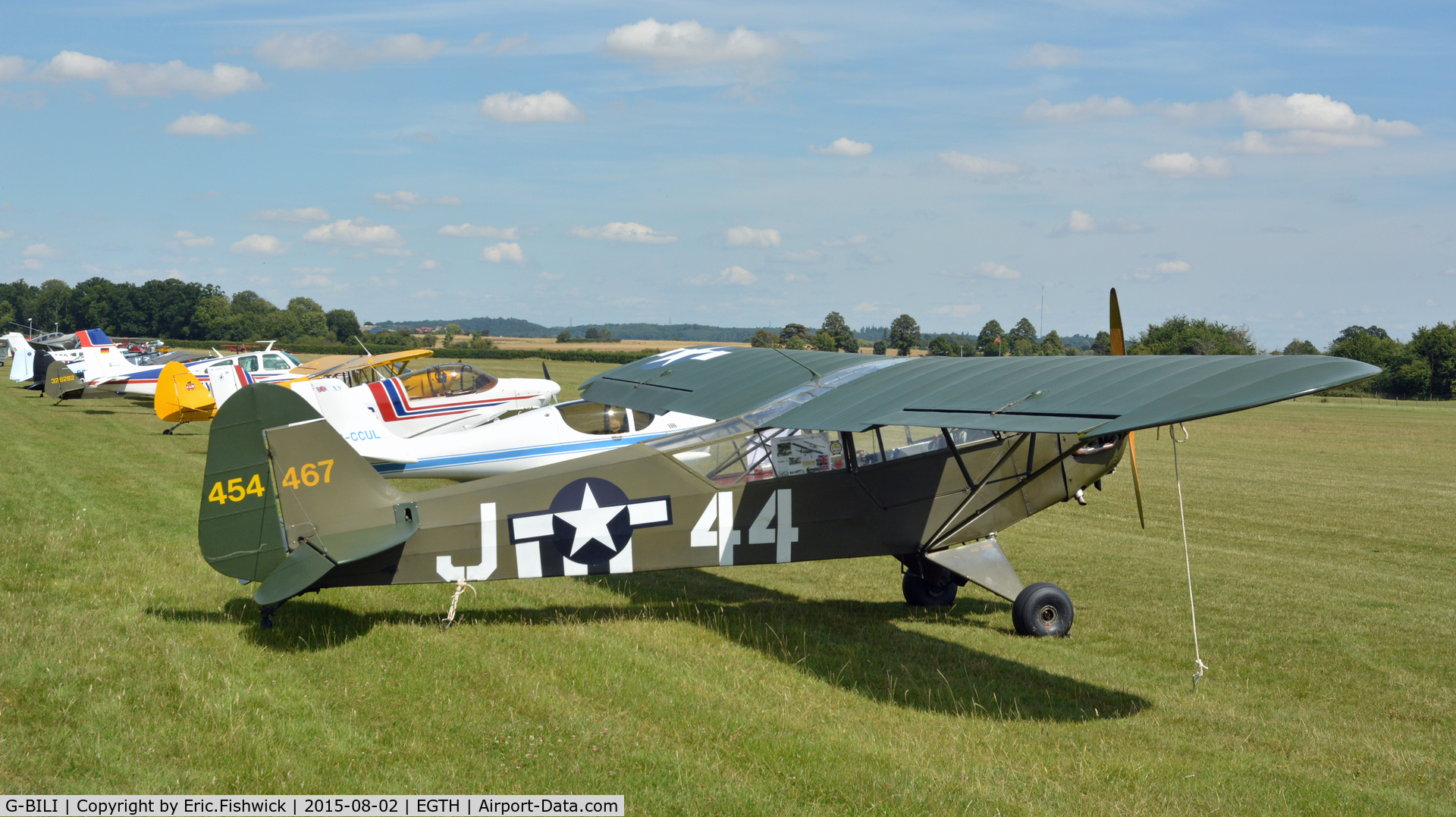 G-BILI, 1948 Piper L-4J Grasshopper (J3C-65D) C/N 13207, 2. 454467 on the flight line at The Shuttleworth Wings and Wheels Airshow, Aug. 2015.