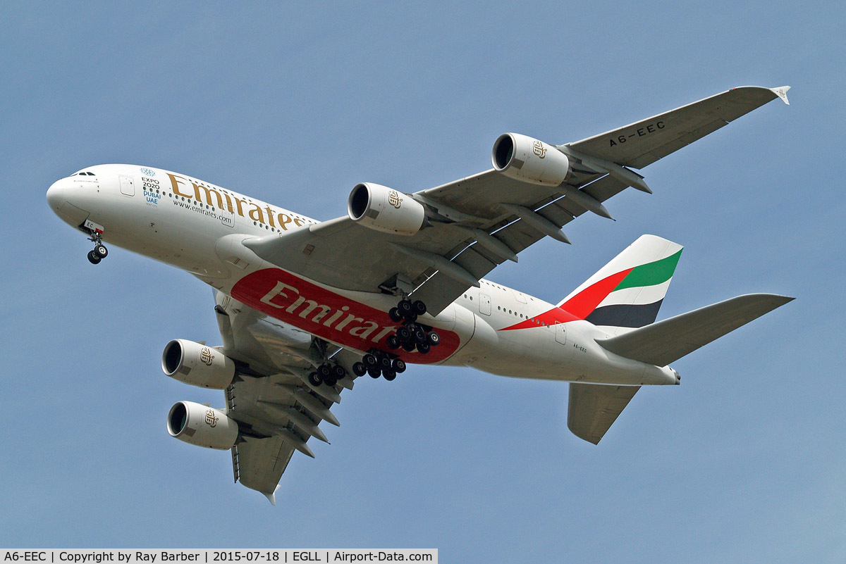 A6-EEC, 2012 Airbus A380-861 C/N 110, Airbus A380-861 [110] (Emirates Airlines) Home~G 18/07/2015. On approach 27R wearing Expo 2020 titles