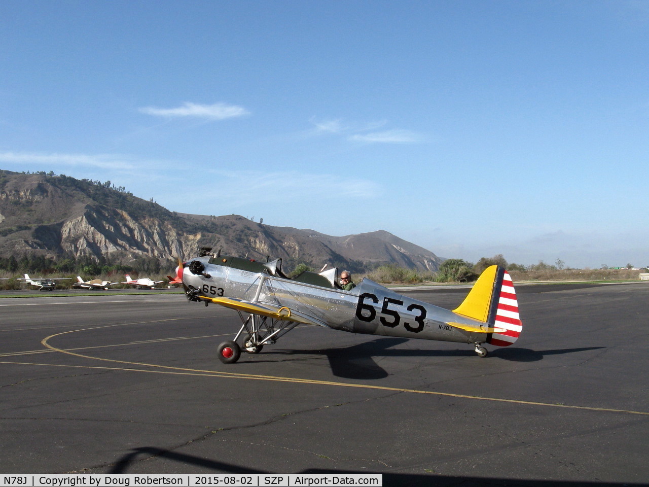 N78J, 1942 Ryan Aeronautical ST3KR C/N 1682, 1942 Ryan Aeronautical ST-3KR as PT-22, Kinner R-5 160 Hp radial. taxi from hangar to SZP 85th Anniversary Celebration display area.