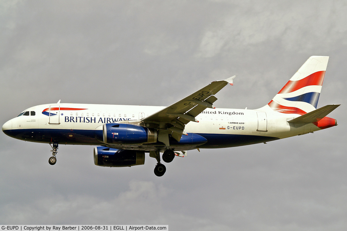 G-EUPD, 1999 Airbus A319-131 C/N 1142, Airbus A319-131 [1142] (British Airways) Heathrow~G 31/08/2006. On approach 27L.