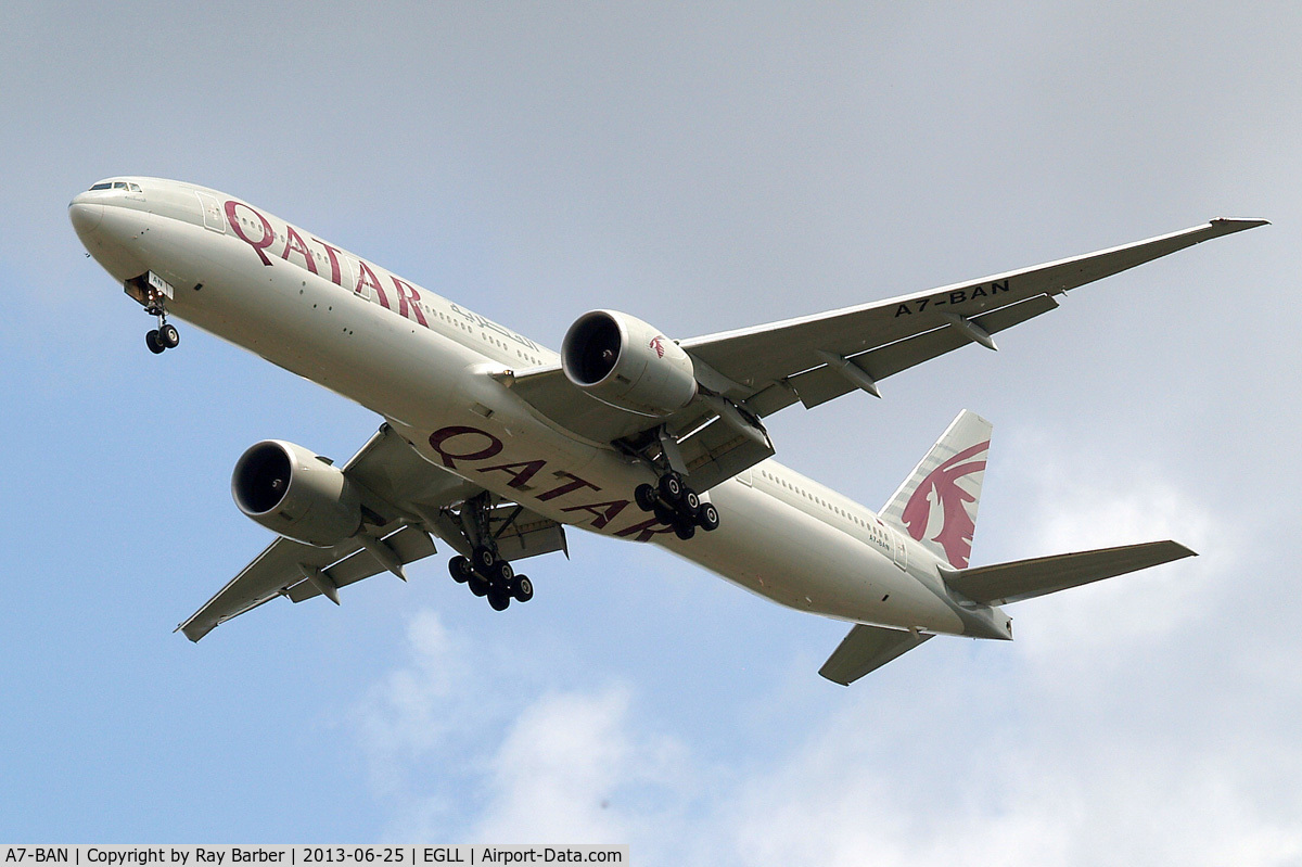 A7-BAN, 2011 Boeing 777-3DZ/ER C/N 38246, Boeing 777-3DZER [38246] (Qatar Airways) Home~G 25/06/2013. On approach 27R.