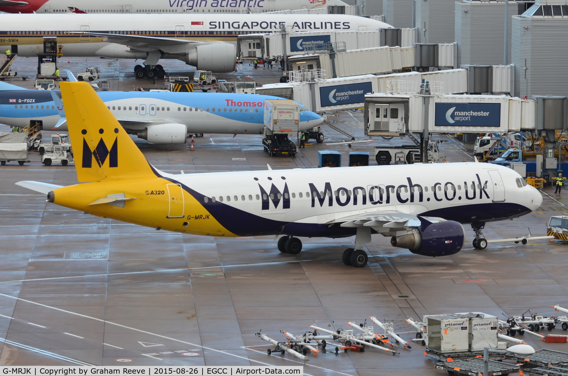 G-MRJK, 1999 Airbus A320-214 C/N 1081, Being pushed back at Manchester.