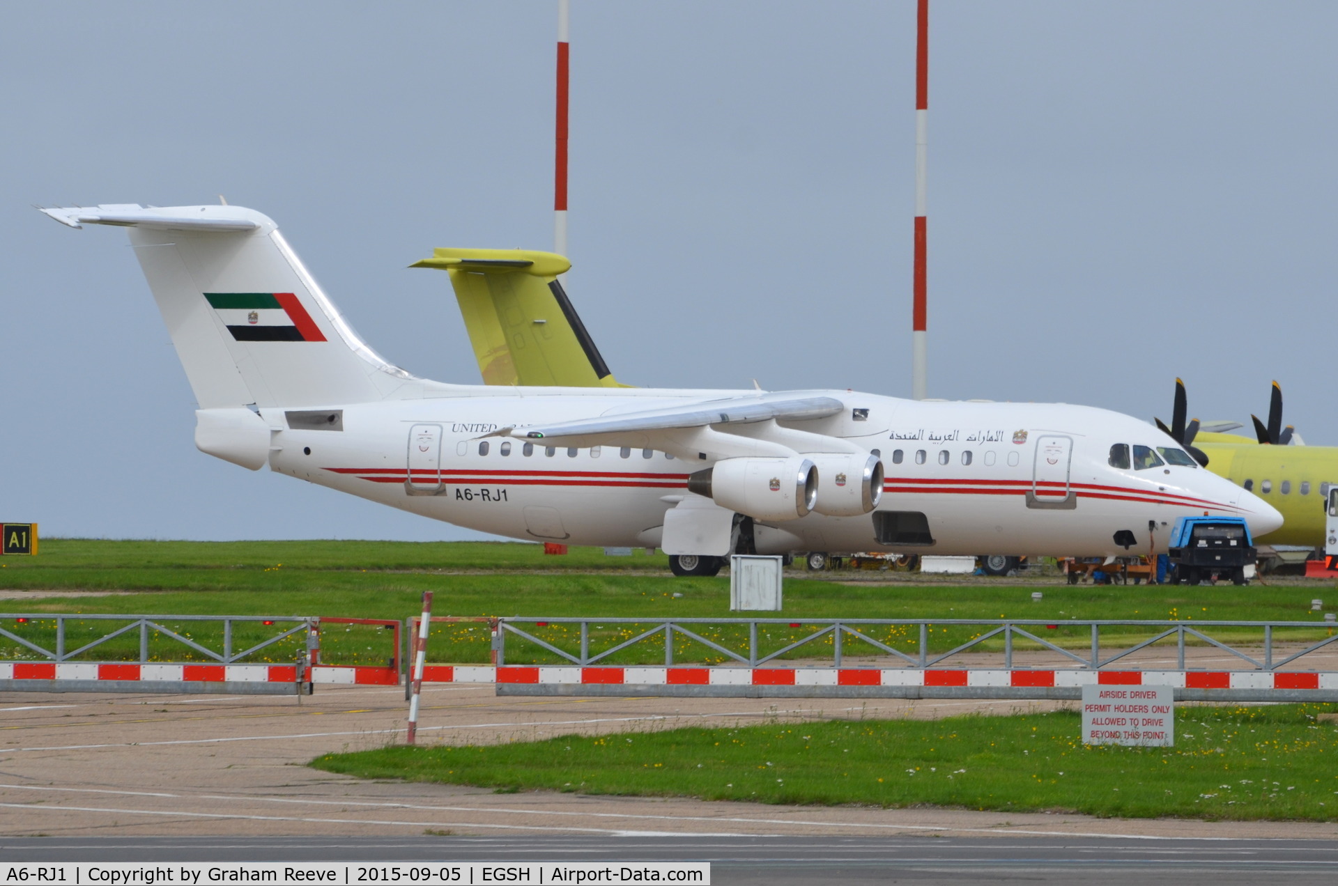 A6-RJ1, 1998 British Aerospace Avro 146-RJ85A C/N E2323, Parked at Norwich.