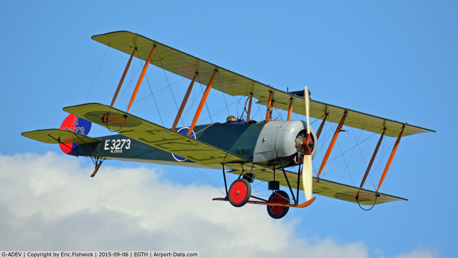 G-ADEV, 1918 Avro 504K C/N R3/LE/61400, 43. E3273 in display mode at The Shuttleworth Pagent Airshow, Sep. 2015.
