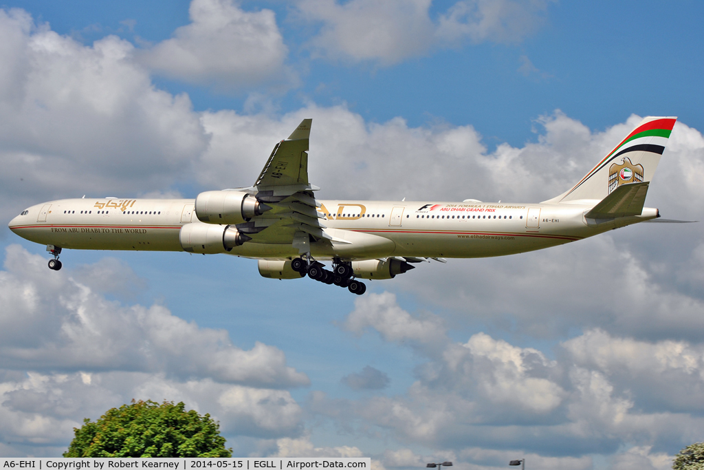 A6-EHI, 2008 Airbus A340-642X C/N 929, On short finals at LHR