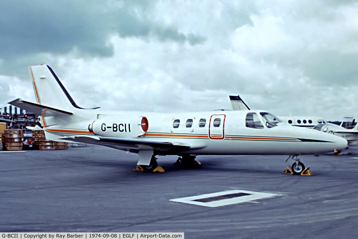 G-BCII, 1974 Cessna 500 Citation C/N 500-0176, Cessna Citation I [500-0176] Farnborough~G 08/09/1974. From a slide.