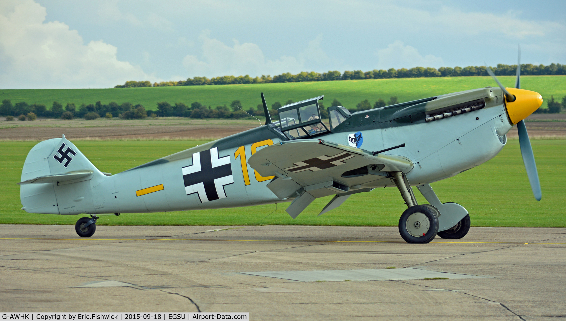 G-AWHK, 1949 Hispano HA-1112-M1L Buchon C/N 172, 2. G-AWHK (formerly BWUE) on the eve of The Battle of Britain (75th.) Anniversary Air Show, Sept. 2015.