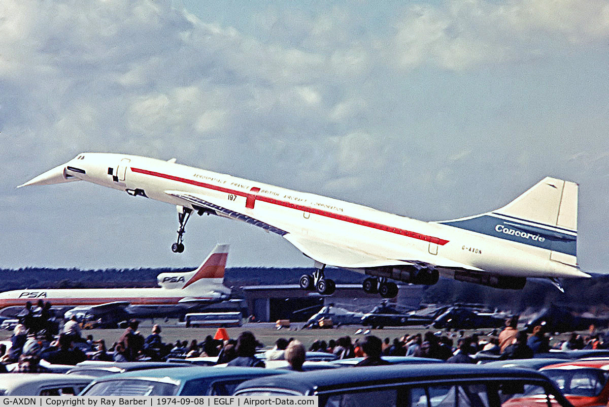 G-AXDN, 1968 Aerospatiale-BAC Concorde Prototype C/N 01/13522, BAC/SUD Concorde [01] (British Aircraft Corporation) Farnborough~G 08/09/1974. From a slide.