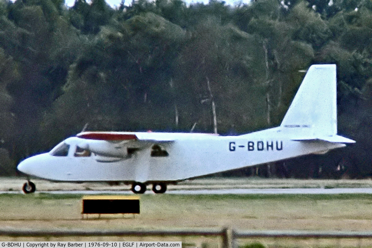 G-BDHU, 1975 Britten-Norman BN-2A-26 Islander C/N 767, Britten-Norman BN-2A-26 Islander [0767] (Britten-Norman) Farnborough~G 10/09/1976. From a slide.
