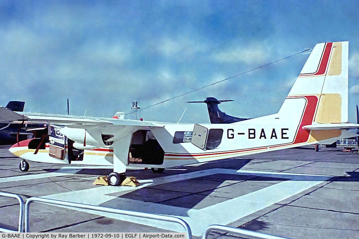 G-BAAE, 1972 Britten-Norman BN-2A Islander C/N 308, Britten-Norman BN-2A-8 Islander [0308] (Britten-Norman) Farnborough~G 10/09/1972. From a slide.