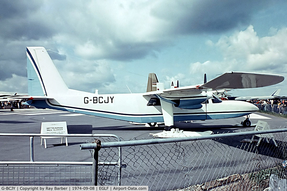 G-BCJY, 1974 Britten-Norman BN-2A-21 Islander C/N 392, Britten-Norman BN-2A-23 Islander [0392] (Britten-Norman) Farnborough~G 08/09/1974. From a slide.