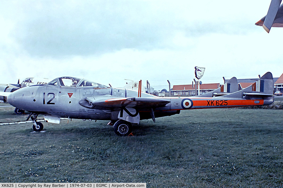 XK625, De Havilland DH-115 Vampire T.11 C/N 15782, De Havilland DH.115 Vampire T.1 [15782] (Royal Air Force) Southend~G 03/07/1974. From a slide.