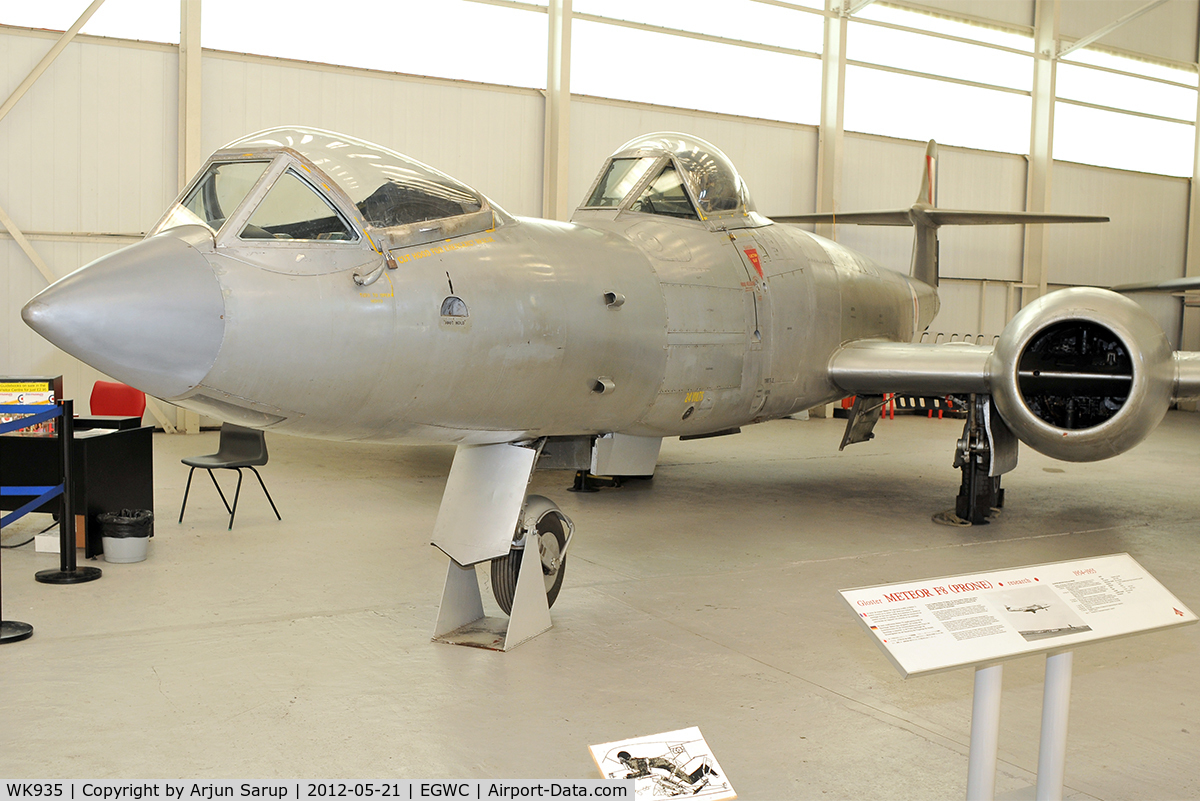 WK935, Gloster Meteor F.8(Mod) C/N Not found WK935, On display at RAF Museum Cosford. This experimental Meteor had the pilot flying from a prone position, accompanied by a safety pilot in the rear cockpit. The design was to be have been used in a Bristol Aeroplane rocket-powered interceptor.