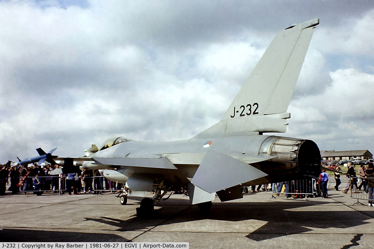J-232, Fokker F-16A Fighting Falcon C/N 6D-21, General Dynamics F-16A Fighting Falcon [6D-21] (Royal Netherlands Air Force) RAF Greenham Common~G 27/06/1981. From a slide.