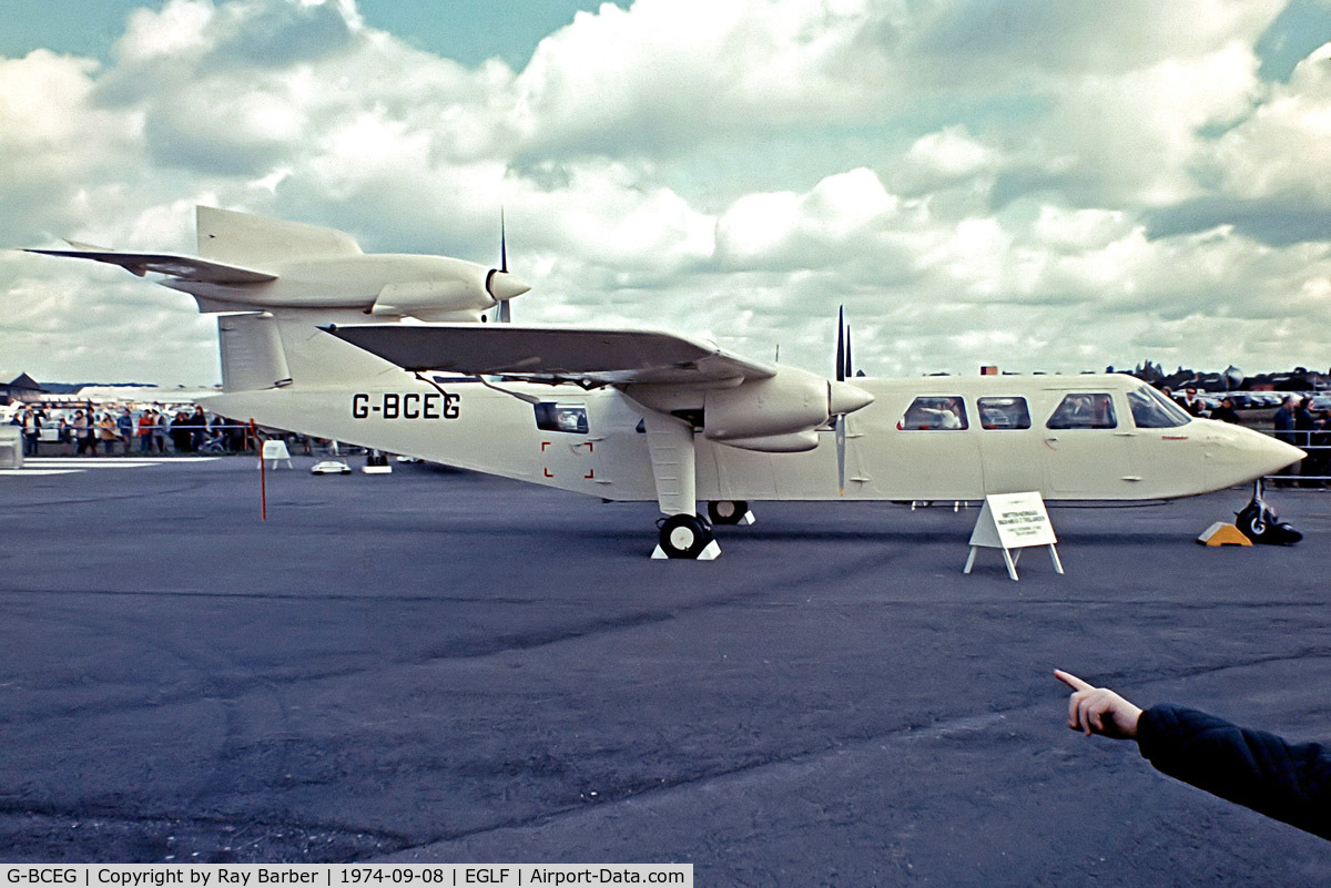 G-BCEG, 1974 Britten-Norman BN-2A Mk.III-1 Trislander C/N 372, Britten-Norman BN-2A Mk.III-1 Trislander [0372] (Britten-Norman) Farnborough~G 08/09/1974. From a slide.