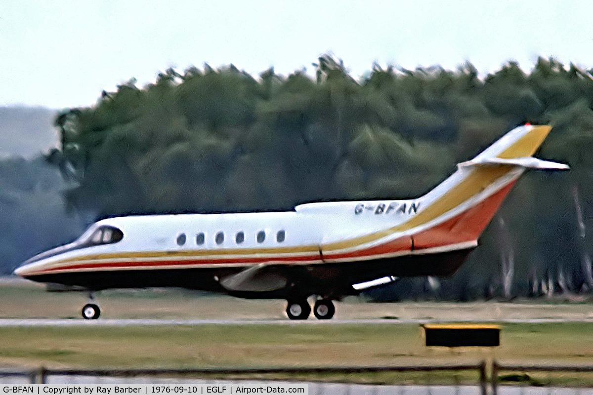 G-BFAN, 1971 Hawker Siddeley HS.125 Series F600B C/N 25258, Hawker Siddeley 125/F600B [25258] Farnborough~G 10/09/1976. From a slide.