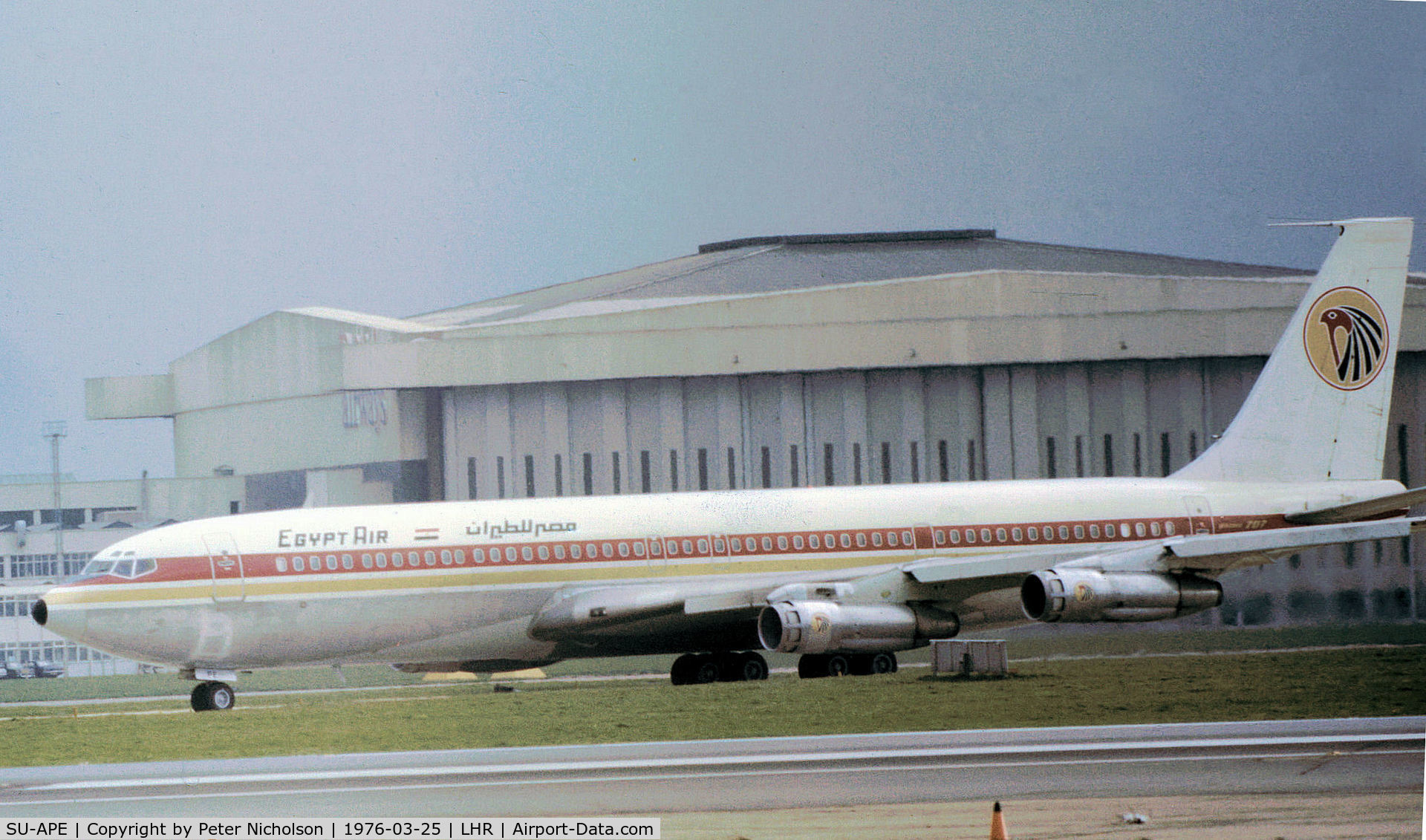 SU-APE, 1970 Boeing 707-366C C/N 20342, This Egyptair Boeing 707-366C was seen at Heathrow in March 1976.