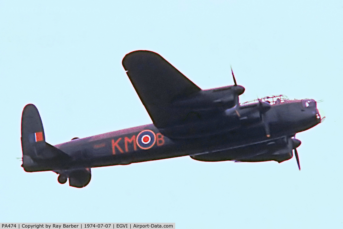 PA474, 1945 Avro 683 Lancaster B1 C/N VACH0052/D2973, Avro 683 Lancaster B.I [PA474] (Royal Air Force) RAF Greenham Common~G 07/07/1974. From a slide before the mid upper turret was added.