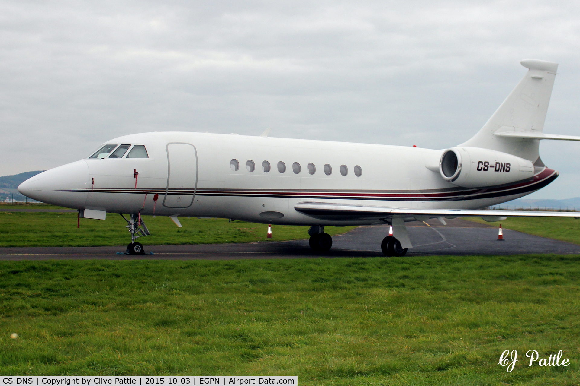 CS-DNS, 2001 Dassault Falcon 2000 C/N 139, A bizjet busy weekend at Dundee Riverside EGPN during the Dunhill Golf Championships at nearby St Andrews. CS-DNS parked on the north taxiway.
