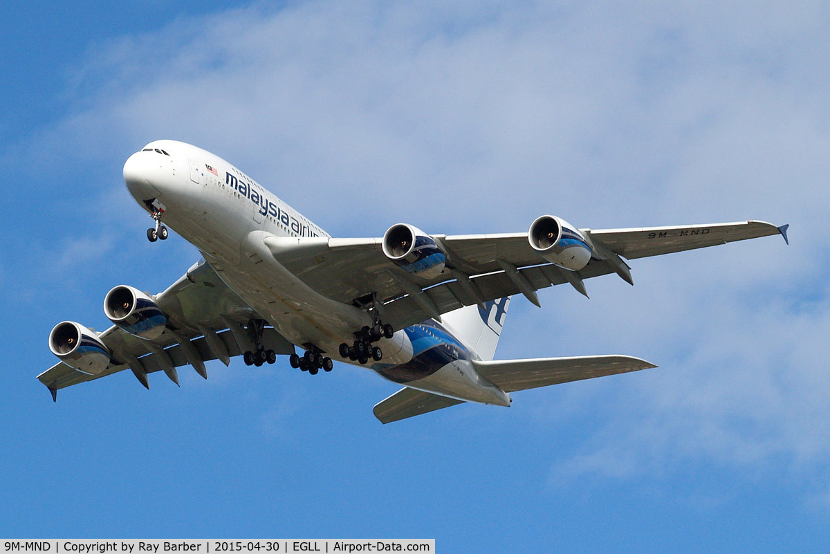 9M-MND, 2012 Airbus A380-841 C/N 089, Airbus A380-841 [089] (Malaysia Airlines) Home~G 30/04/2015. On approach 27R.