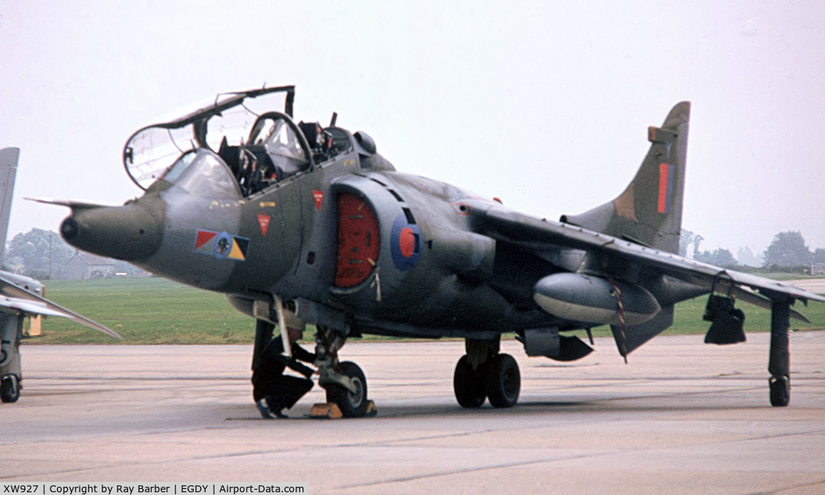 XW927, 1972 Hawker Siddeley Harrier T.4 C/N 212015, BAe Systems Harrier T.4 [212015] (Royal Air Force) RNAS Yeovilton~G 31/07/1982. From a slide.