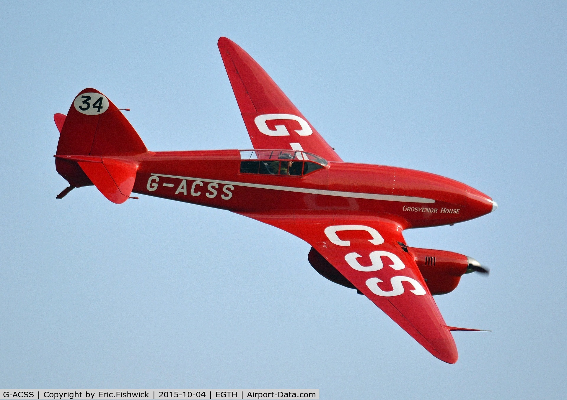 G-ACSS, 1934 De Havilland DH-88 Comet C/N 1996, 42. G-ACSS in display mode at The Shuttleworth 'Uncovered' Airshow (Finale,) Oct. 2015.