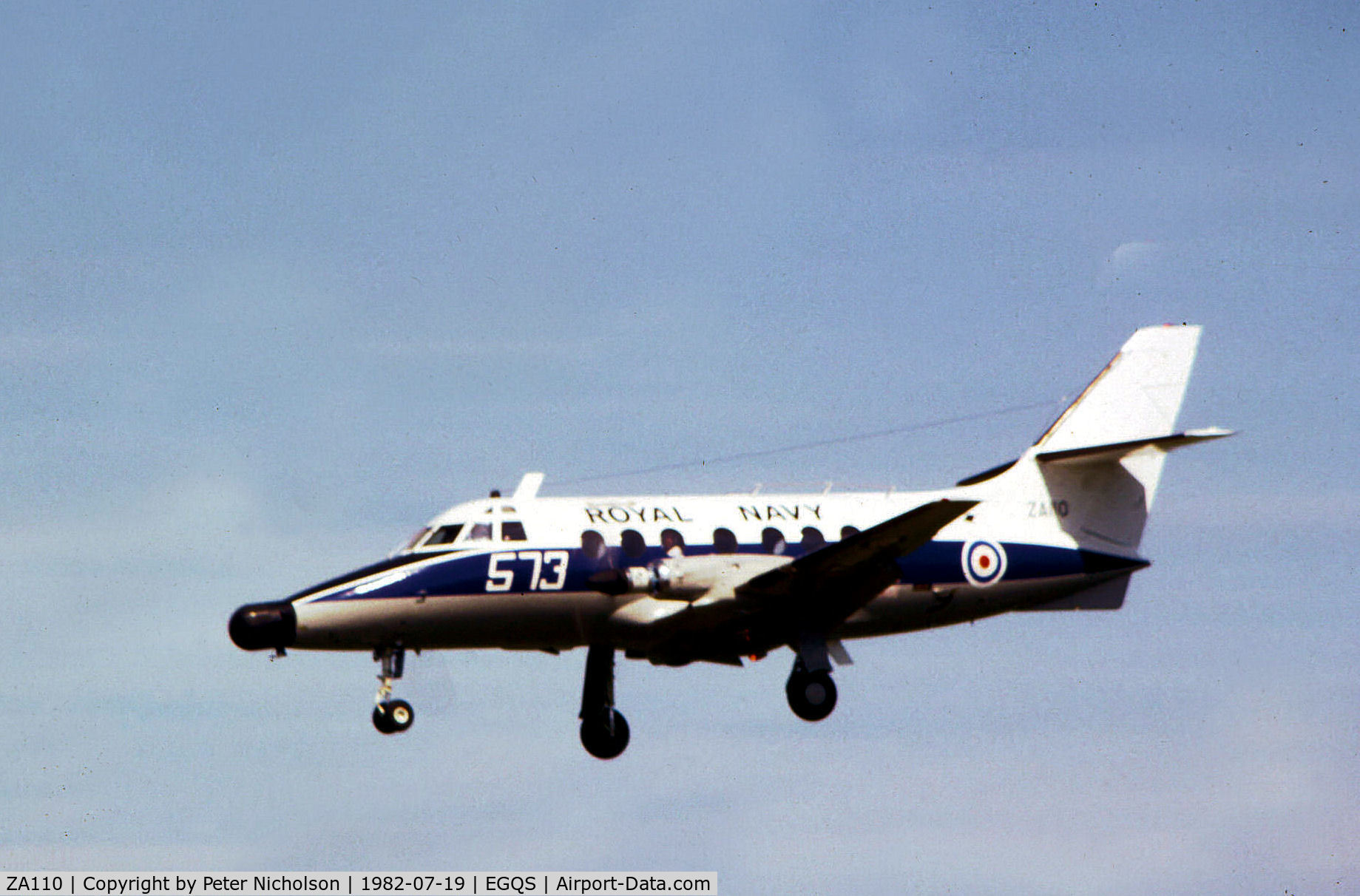 ZA110, 1971 Scottish Aviation HP-137 Jetstream T.2 C/N 248, Jetstream T.2 of 750 Squadron based at RNAS Culdrose on final approach to Runway 23 at RAF Lossiemouth in the Summer of 1982