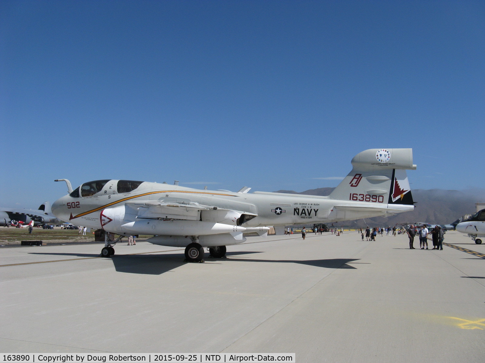 163890, Grumman EA-6B Prowler C/N P-165, Grumman EA-6B PROWLER, two P&W J52-P-408A Turbojets 11,200 lb st each, Electronic Warfare Jammer 4-place aircraft retired from service of VAQ-134 GARUDAS, NAS Whidbey Island. Note RED BuNo.