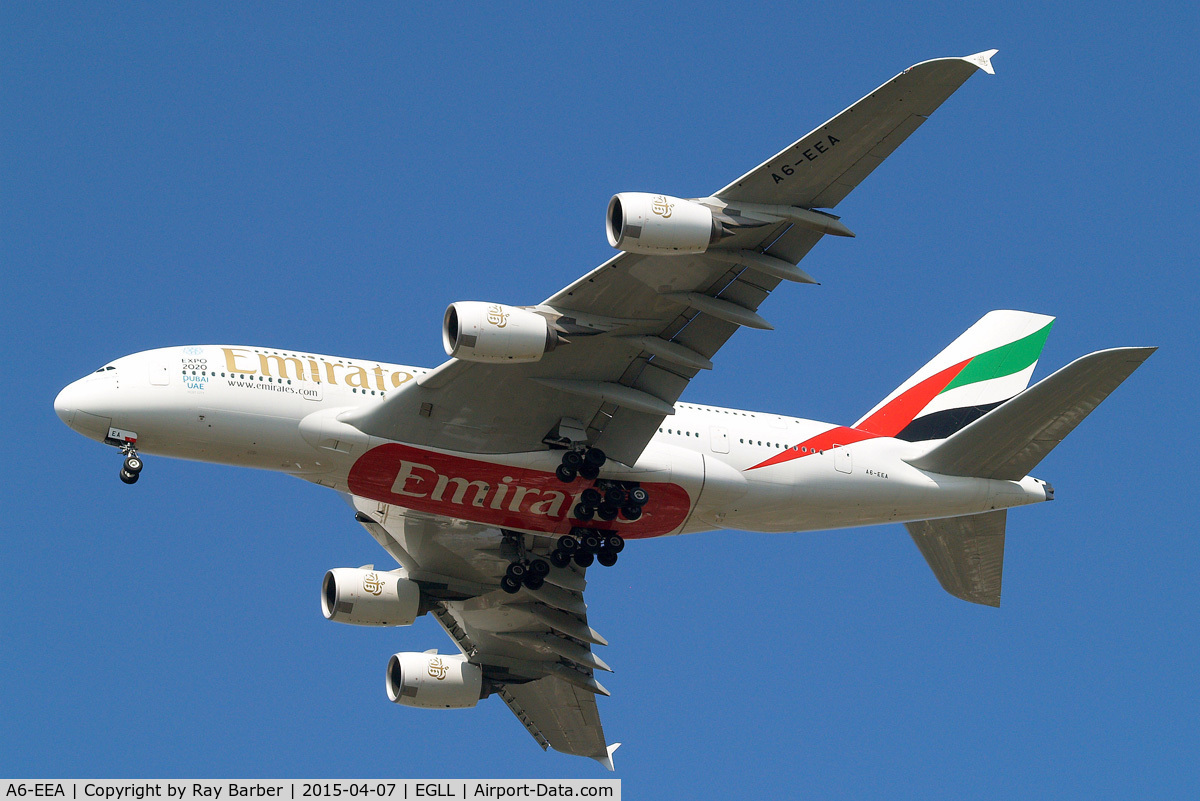 A6-EEA, 2012 Airbus A380-861 C/N 108, Airbus A380-861[108] (Emirates Airlines) Home~G 07/04/2015. On approach 27R.