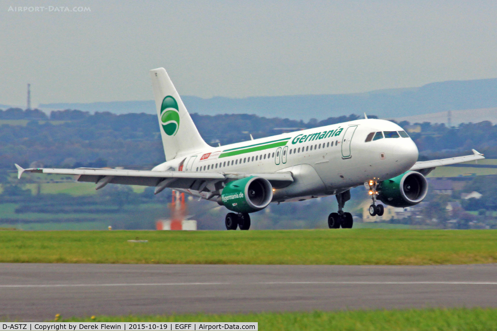 D-ASTZ, 2007 Airbus A319-112 C/N 3019, A319-112, call sign Germania 6364, previously D-AVXM, OE-LEK, seen landing on runway 12 out of Toulouse Blagnac.