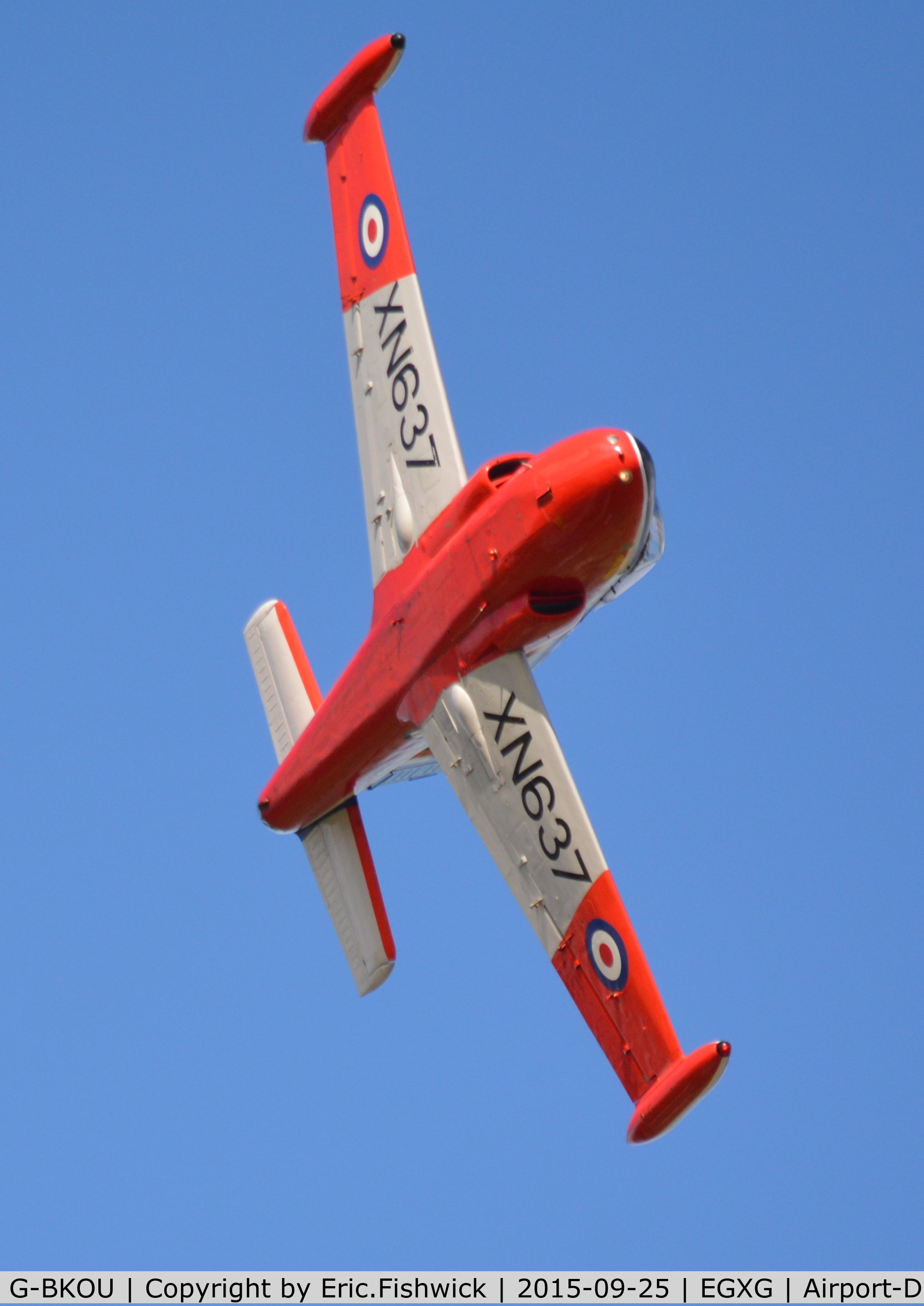 G-BKOU, 1961 Hunting P-84 Jet Provost T.3 C/N PAC/W/13901, 44. XN637 overflying The Yorkshire Air Museum, Sept. 2015.