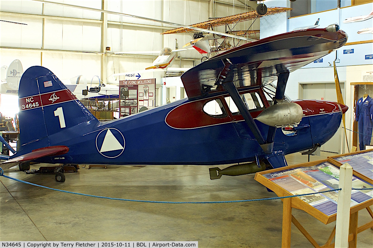 N34645, 1941 Stinson 10A C/N 8045, At the New England Air Museum at Bradley International Airport