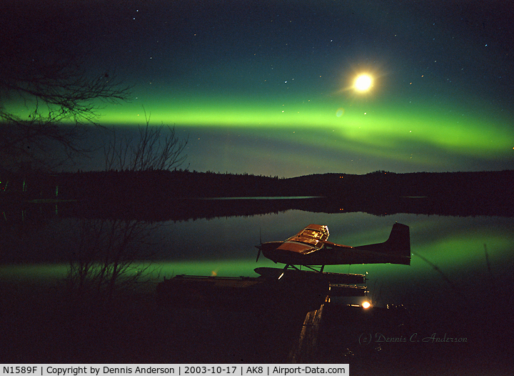 N1589F, Cessna 185E Skywagon C/N 185-0971, I took this image of the northern lights in October of 2003 at Christiansen Lake. Later, I tenatively identified the aircraft from another image, found on-line of the plane at this dock, as Cessna N1589F in use by Hudson Air Service of Talkeetna, Alaska.