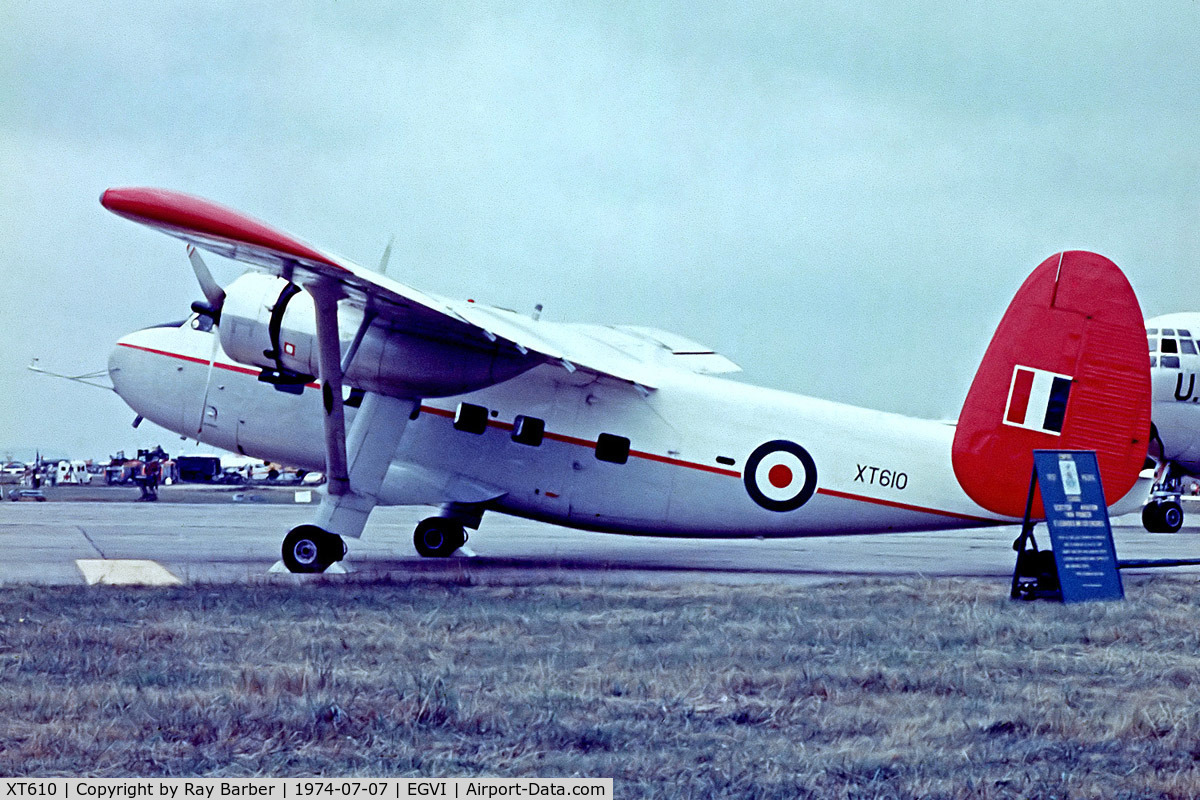 XT610, 1959 Scottish Aviation Twin Pioneer CC.2 C/N 561, XT610   Scottish Aviation Twin Pioneer 3 [561] (Royal Air Force) RAF Greenham Common~G 07/07/1974. From a slide.