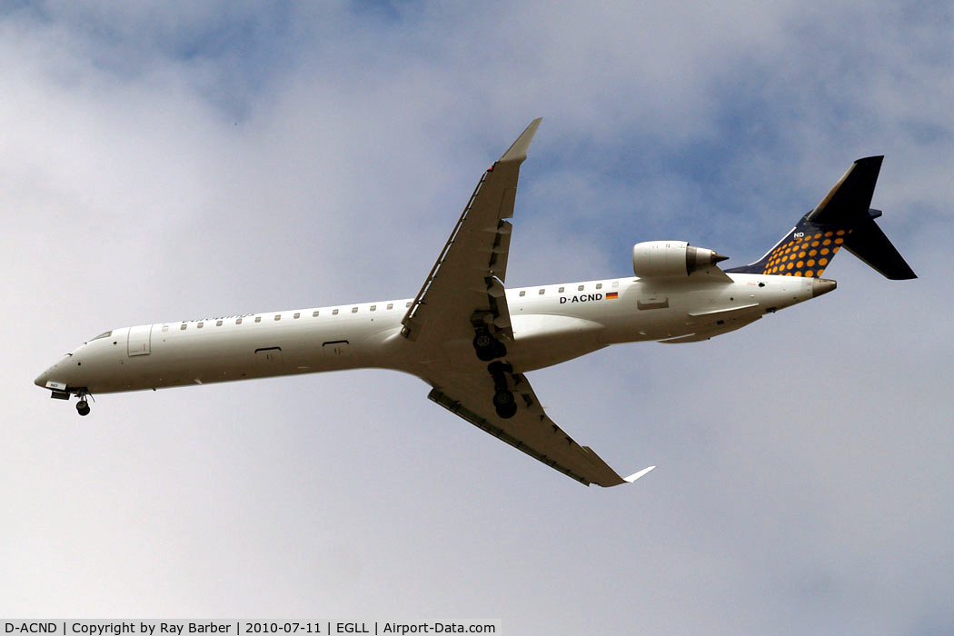 D-ACND, 2009 Bombardier CRJ-701 (CL-600-2C10) Regional Jet C/N 15238, Canadair CRJ- 900LR [15238] (Lufthansa Regional/Eurowings) Home~G 11/07/2010. On approach 27R.