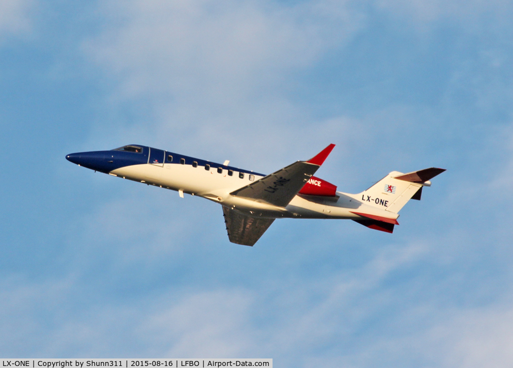 LX-ONE, 2007 Learjet 45 C/N 45-342, Climbing after take off from rwy 32R