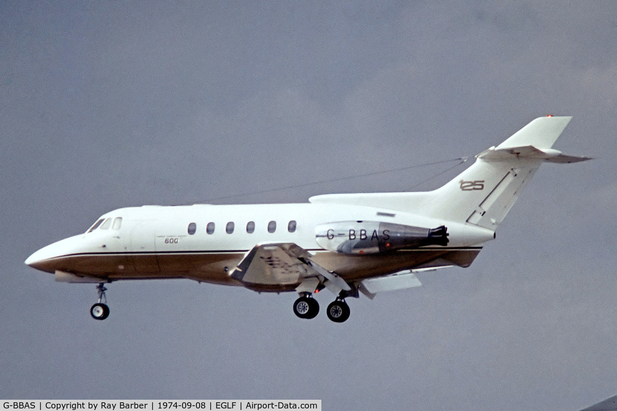 G-BBAS, 1973 Hawker Siddeley HS.125 Series 600B C/N 256017, Hawker-Siddeley 125/600B [256017] (Hawker-Siddeley Aviation Ltd) Farnborough~G 08/09/1974. From a slide.