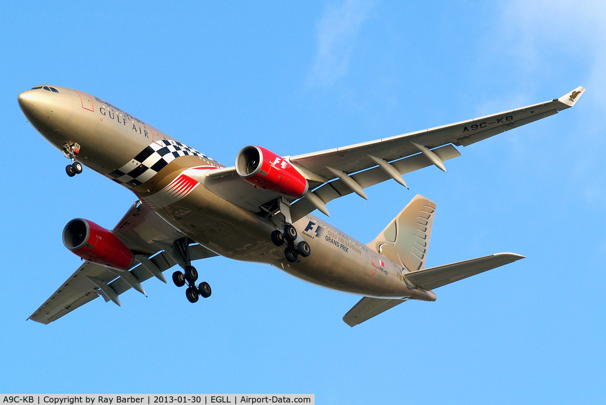 A9C-KB, 1999 Airbus A330-243 C/N 281, Airbus A330-243 [281] (Gulf Air) Home~G 30/01/2013. On approach 27R. Wearing F1 Grand Prix titles minus year.