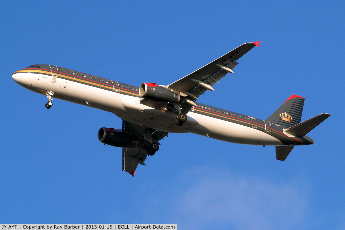JY-AYT, 2012 Airbus A321-231 C/N 5099, Airbus A321-231 [5099] (Royal Jordanian Airlines) Home~G 15/01/2013. On approach 27R.. On approach 27R.