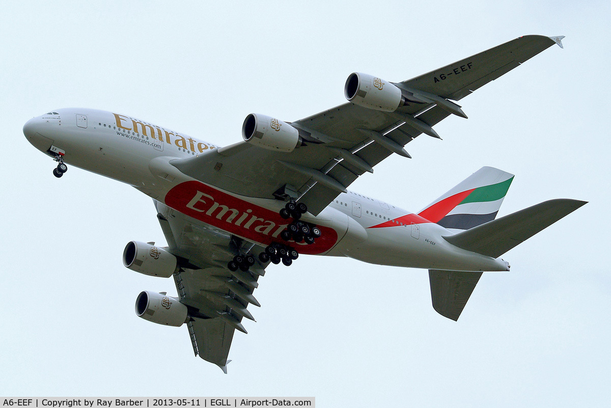 A6-EEF, 2012 Airbus A380-861 C/N 113, Airbus A380-861 [113] (Emirates Airlines) Home~G 11/05/2013. On approach 27R.