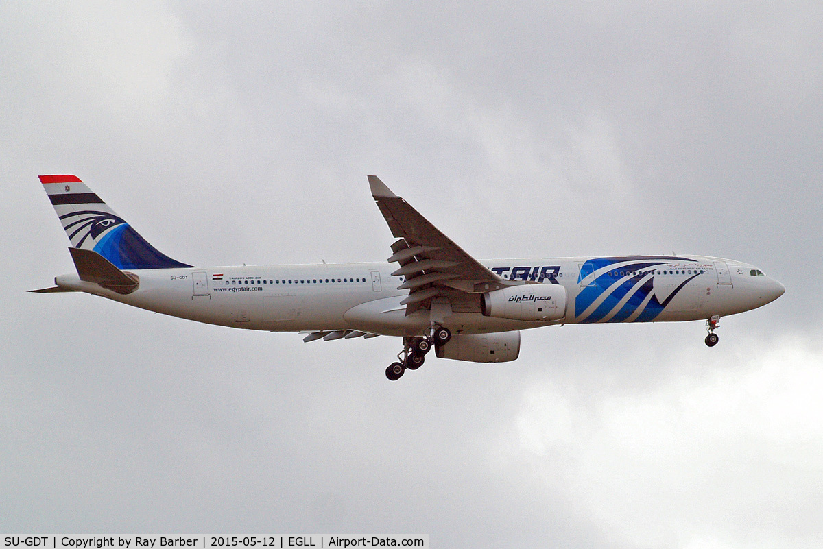 SU-GDT, 2011 Airbus A330-343X C/N 1230, Airbus A330-343E [1230] (EgyptAir) Home~G 12/05/2015. On approach 27L. National flag now applied to the top of the tail.