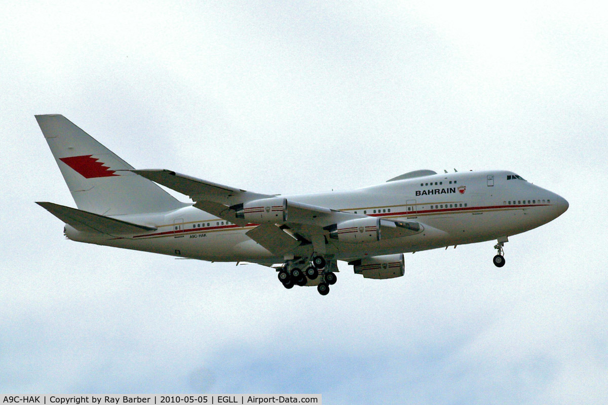 A9C-HAK, 1987 Boeing 747SP-Z5 C/N 23610/676, Boeing 747SP-P6 [23610] (Bahrain Royal Flight) Home~G 05/05/2010. On approach 27L.