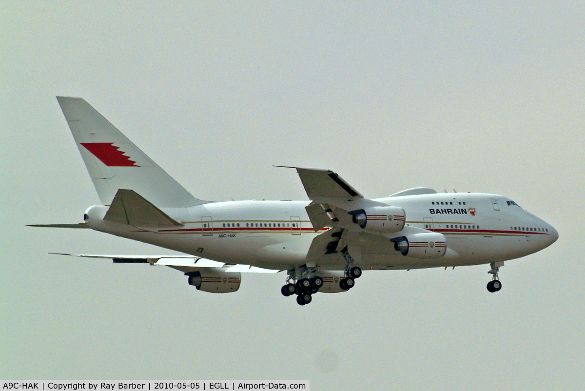 A9C-HAK, 1987 Boeing 747SP-Z5 C/N 23610/676, Boeing 747SP-P6 [23610] (Bahrain Royal Flight) Home~G 05/05/2010. On approach 27L.