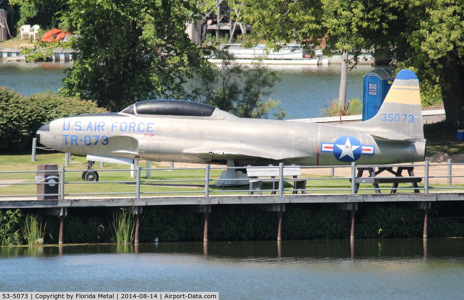 53-5073, 1953 Lockheed T-33A Shooting Star C/N 580-8423, T-33A Shooting Star in a park in Hart MI - the day I went through the road was closed at the park so I had to shoot it from across the lake with my 500mm