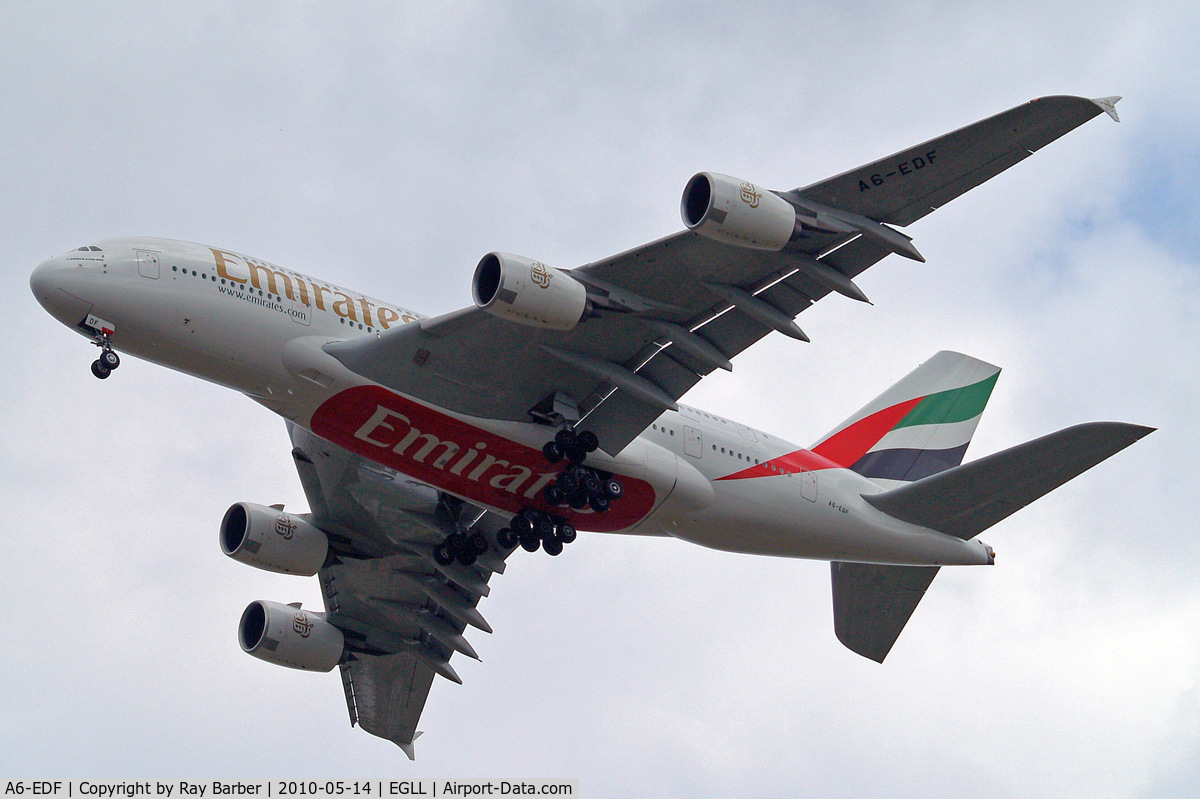 A6-EDF, 2006 Airbus A380-861 C/N 007, Airbus A380-861 [007] (Emirates Airlines) Home~G 14/05/2010. On approach 27R.