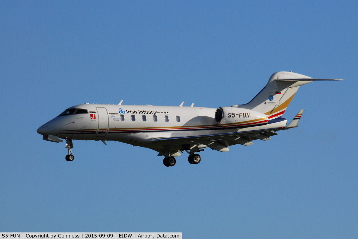 S5-FUN, 2013 Bombardier Challenger 300 (BD-100-1A10) C/N 20401, landing at Dublin and now wearing 