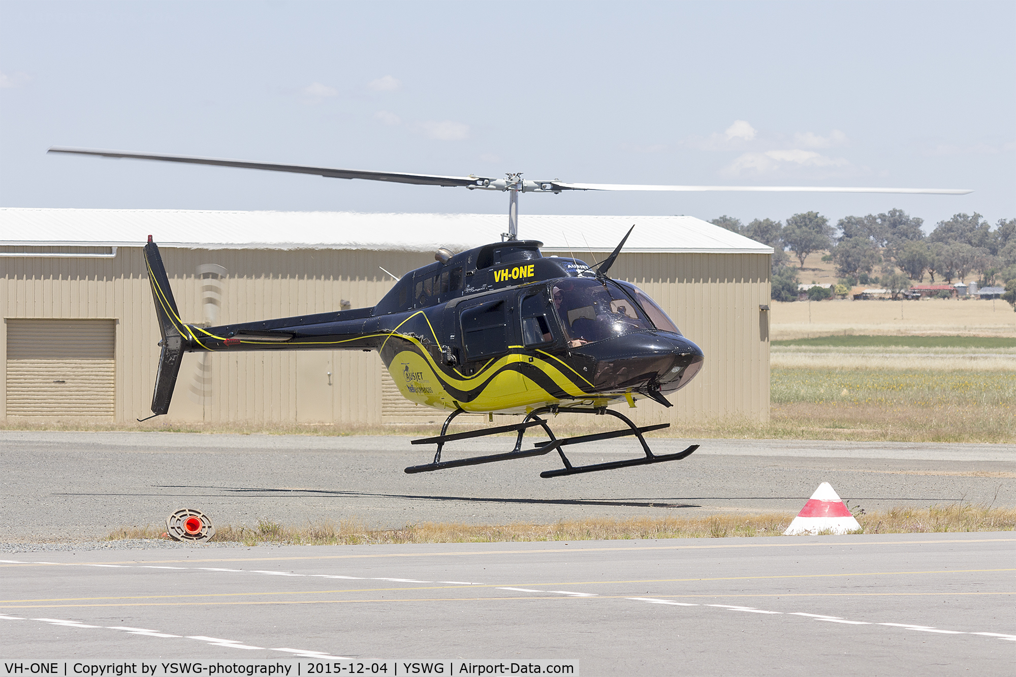 VH-ONE, Bell 206B JetRanger III C/N 1240, Ausjet-Heli Experiences (VH-ONE) Agusta-Bell AB 206B Jet Ranger III taking off from Wagga Wagga Airport.