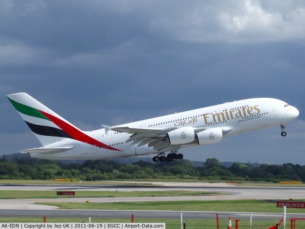 A6-EDN, 2010 Airbus A380-861 C/N 056, lifting off runway 23r bound for Dubai,
