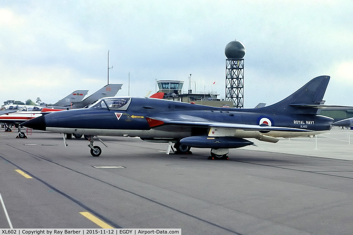 XL602, 1958 Hawker Hunter T.8M C/N 41H-695332, Hawker Hunter T.8M [41H/695332] (Royal Navy) RNAS Yeovilton~G (Date unknown). From a slide.