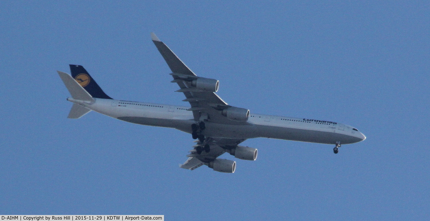 D-AIHM, 2006 Airbus A340-642 C/N 762, LH442, FRA to DTW.  On approach to DTW, approx. 15 miles out.